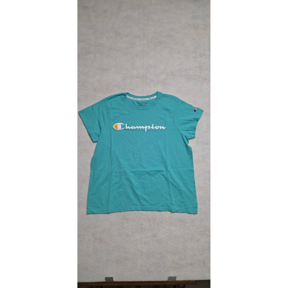 Champion T-Shirt Womens 1X Teal Blue Graphic Logo Short Sleeve Crew Neck Tee
